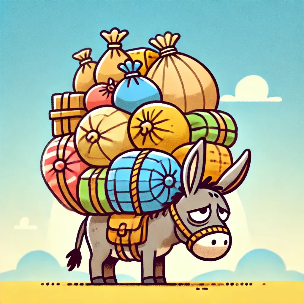 Cartoon image of a heavily ladened donkey